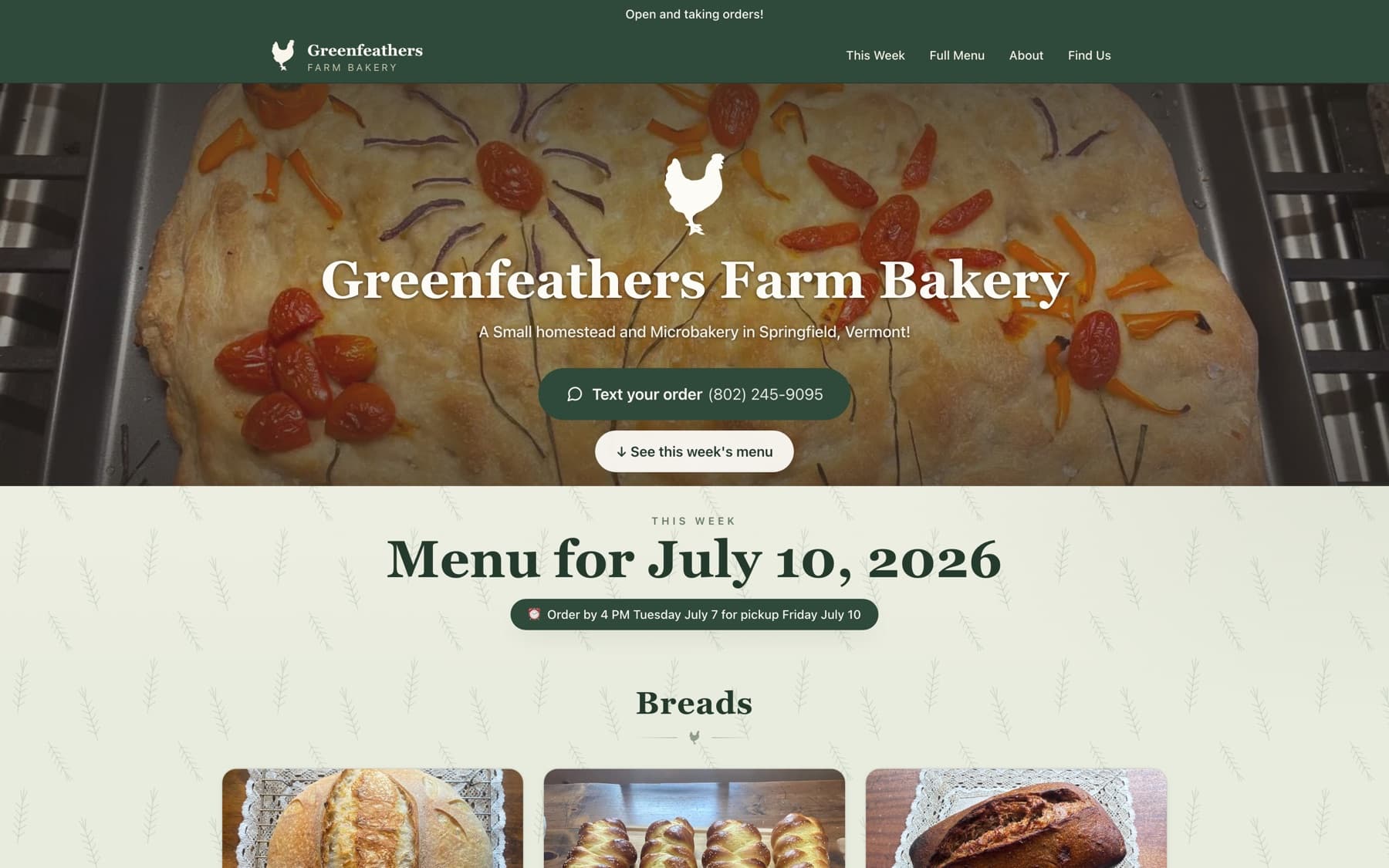 Green Feathers Farm Bakery homepage with weekly menu